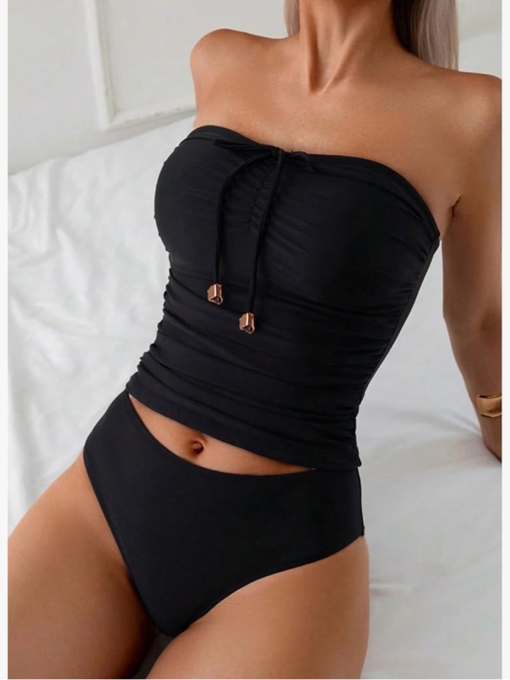 Strapless Black Ruched Two-Piece Swim Set - Picture 2 of 9
